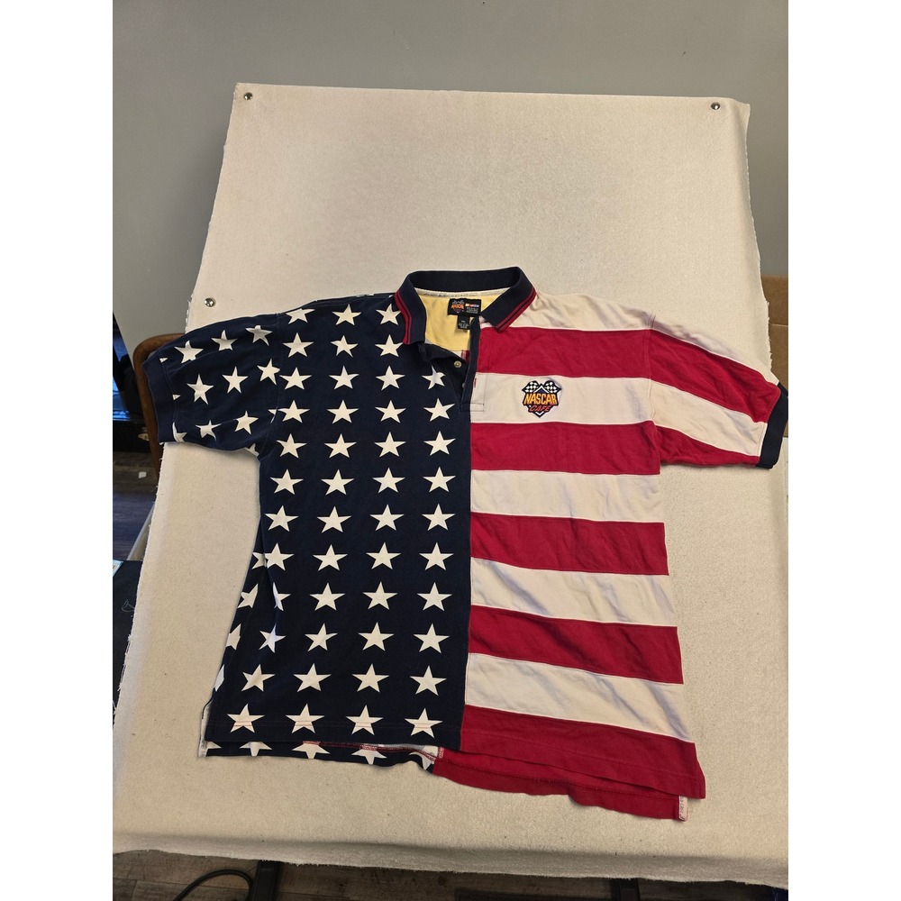 Vintage NASCAR Cafe American Flag Polo Shirt XXL Stars Stripes Patriotic Mens